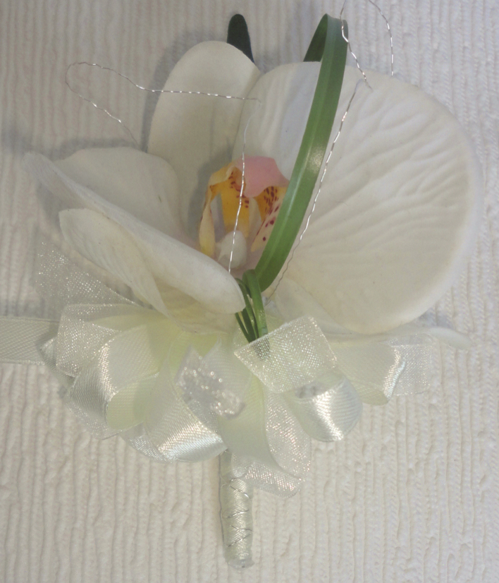Real Touch Ivory Orchid Corsage with Silver Glitz Wire Detail & Beargrass Loop